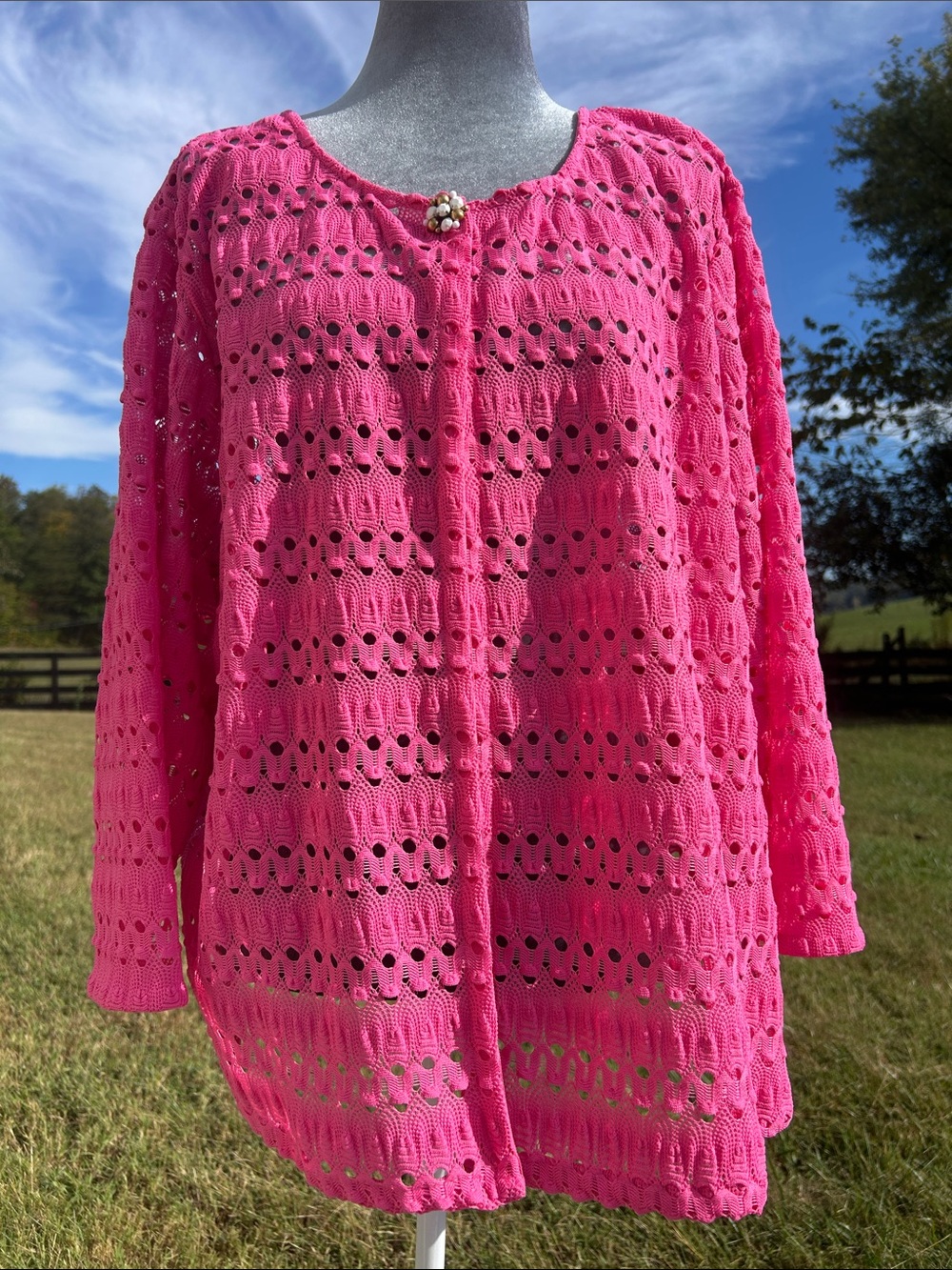 Ruby Rd. Vibrant Pink Knit Lace Cardigan Jewelry Button Size 2X